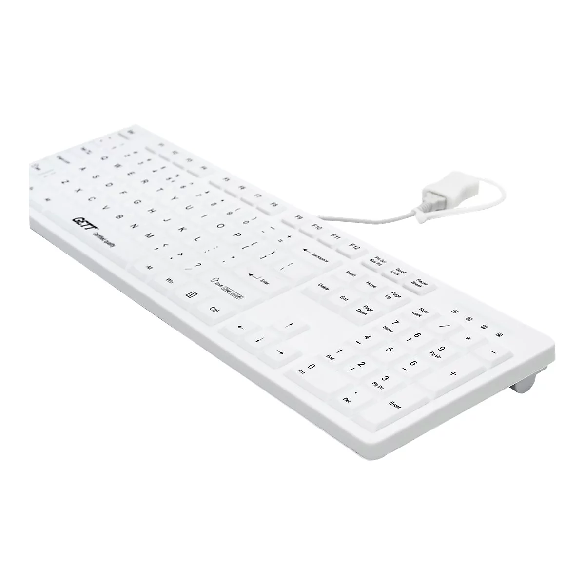 Weiße, kabelgebundene Tastatur vor weißem Hintergrund.