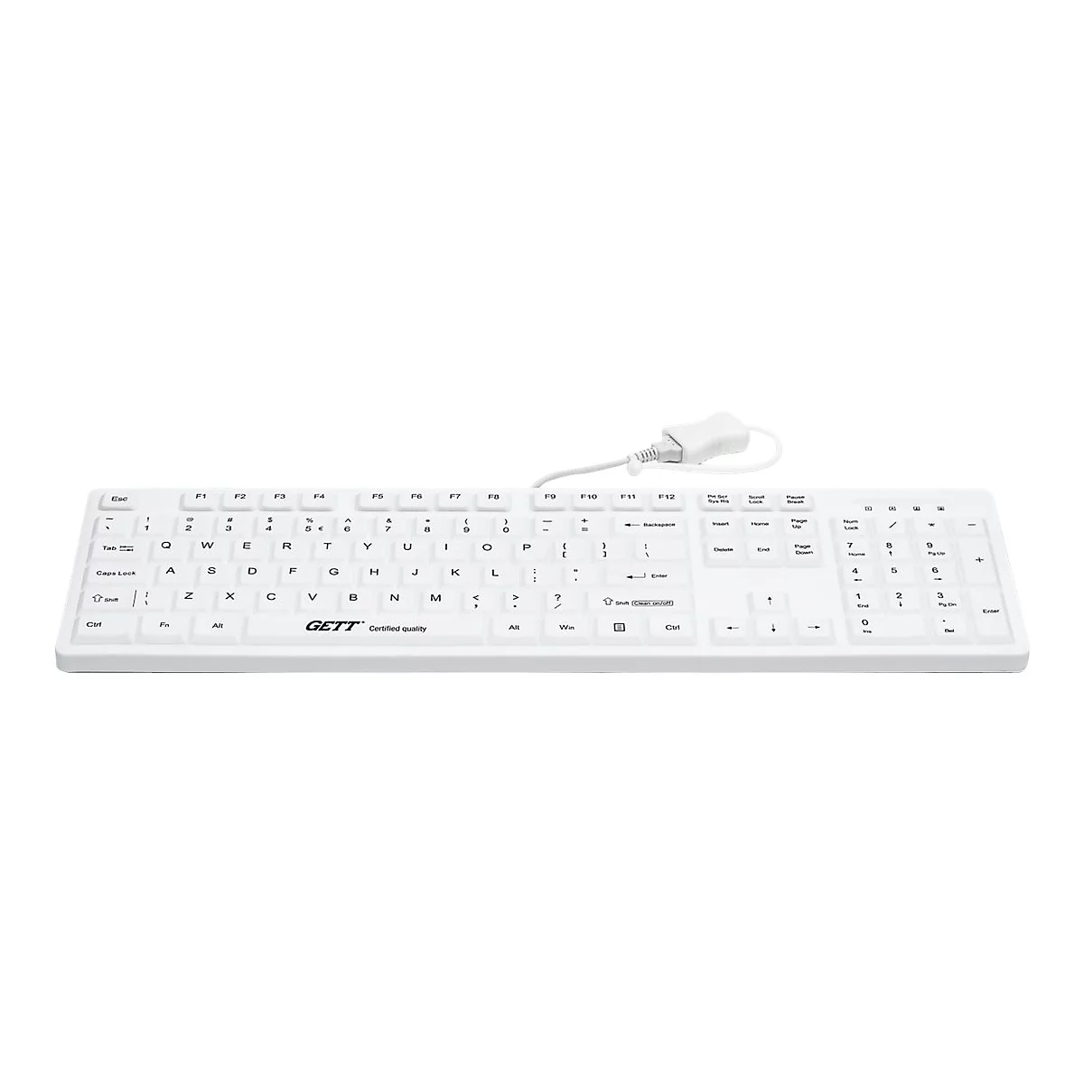 Weiße, abwaschbare Tastatur von GETT mit Kabel vor neutralem Hintergrund.