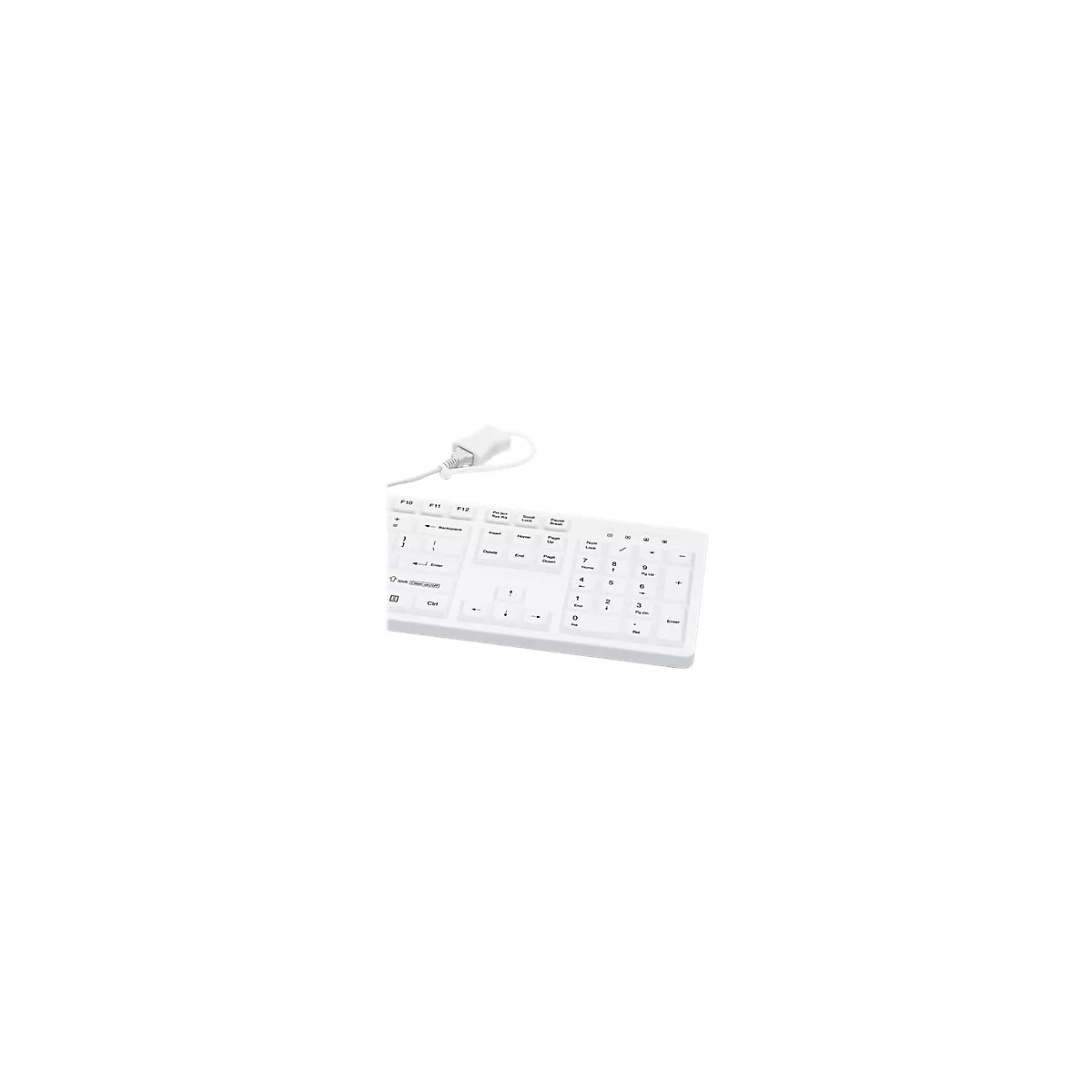 Nahaufnahme einer weißen, kabelgebundenen Tastatur mit Fokus auf dem Ziffernblock.