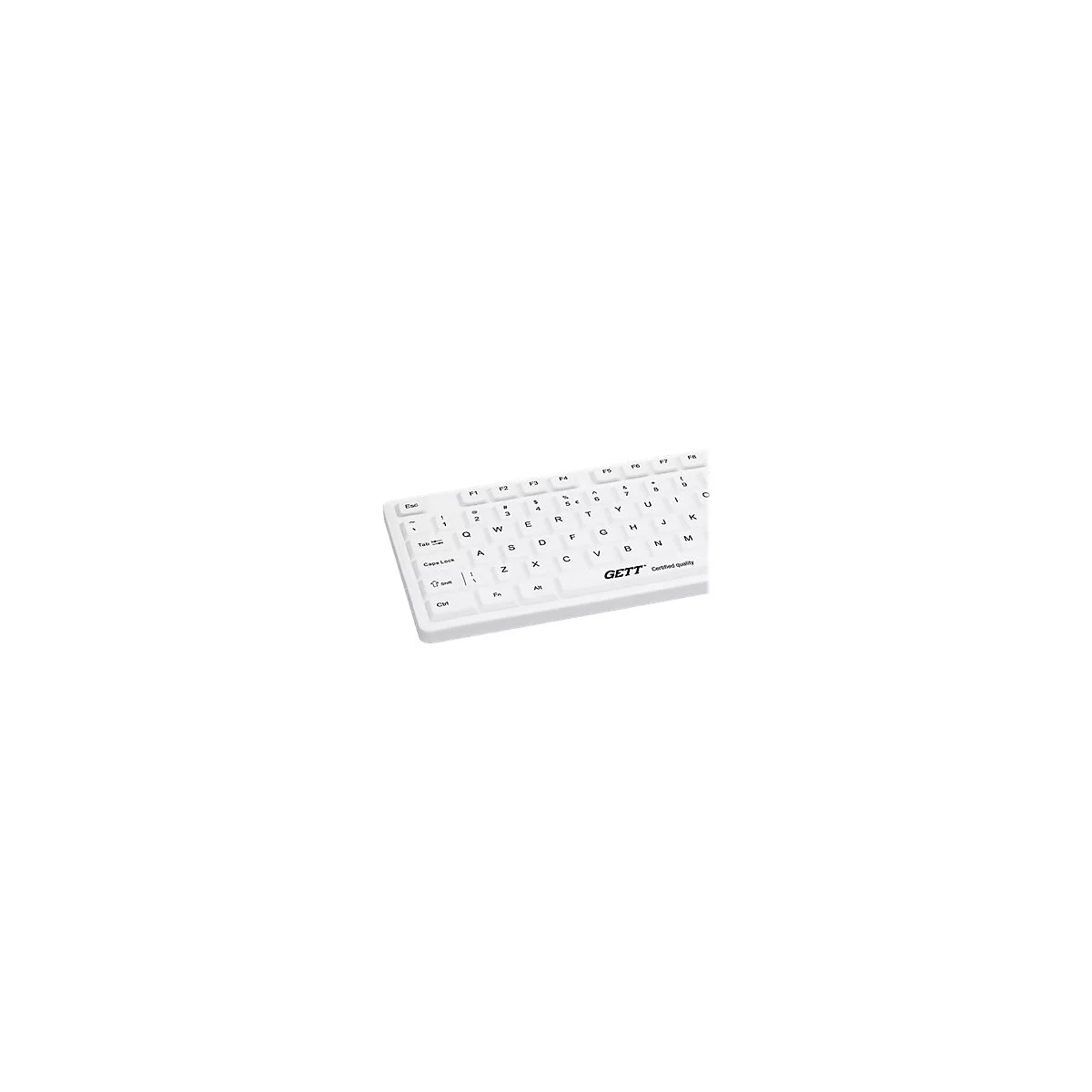 Weiße Computertastatur mit schwarzer Beschriftung und Gett-Logo.