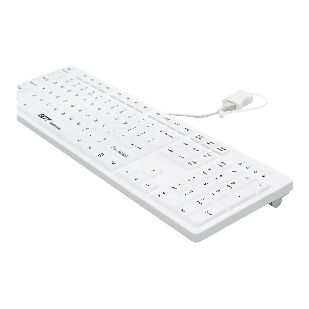 Weiße, kabelgebundene GETT-Tastatur auf weißem Hintergrund.