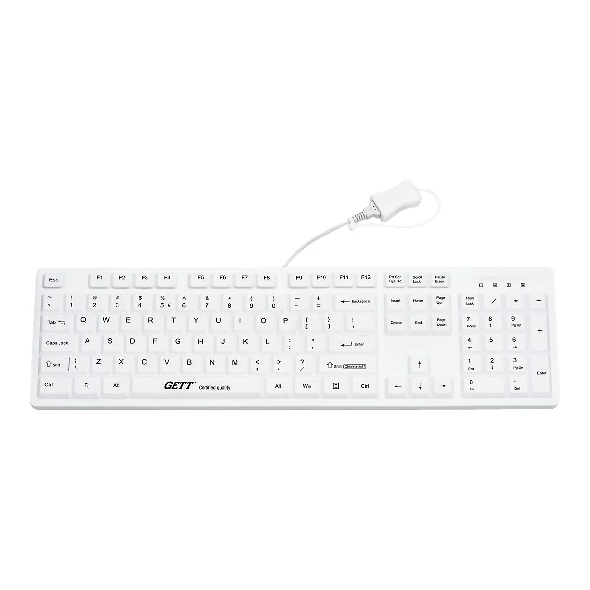Weiße Tastatur von GETT mit Kabel vor neutralem Hintergrund.