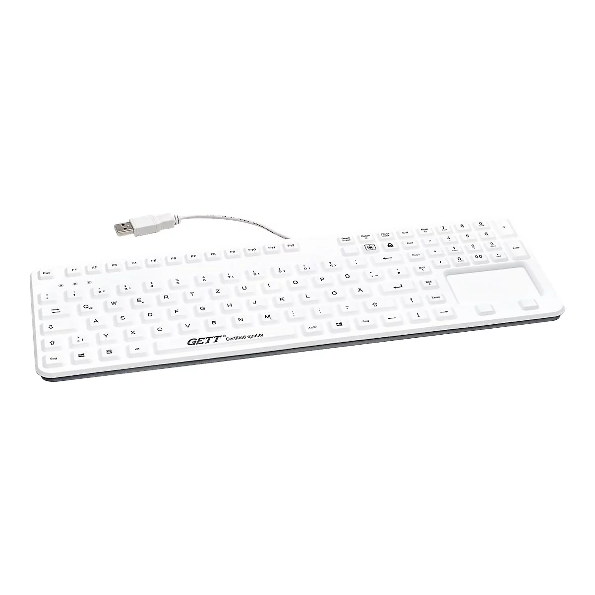 Weiße, wasserdichte Silikontastatur mit USB-Anschluss und integriertem Touchpad auf weißem Hintergrund.