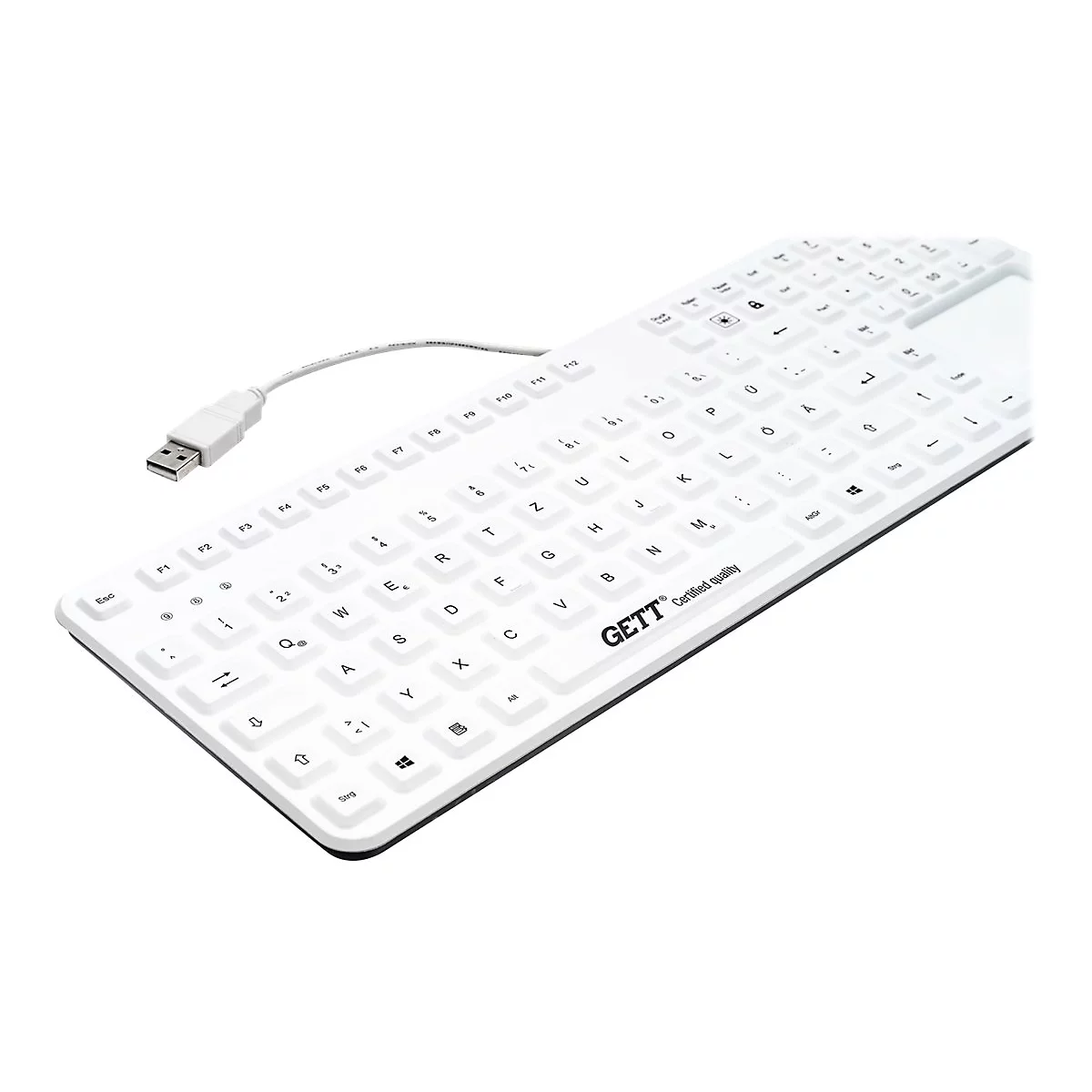 Weiße, flache Tastatur mit USB-Kabel vor weißem Hintergrund.