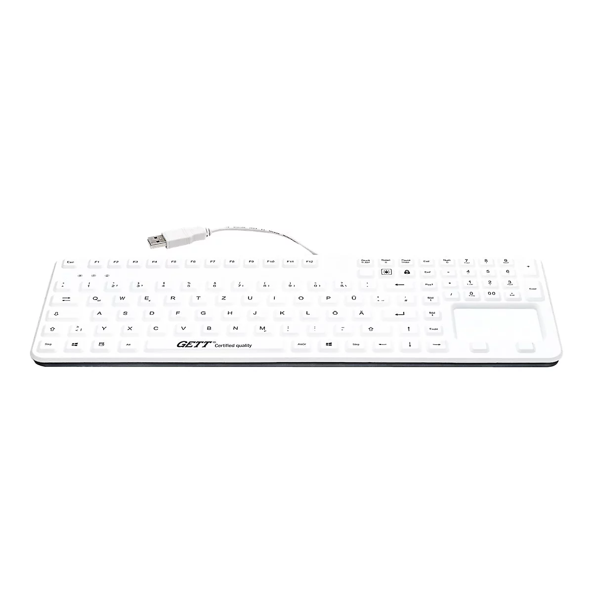 Weiße, abwaschbare GETT Tastatur mit integriertem Touchpad vor weißem Hintergrund.