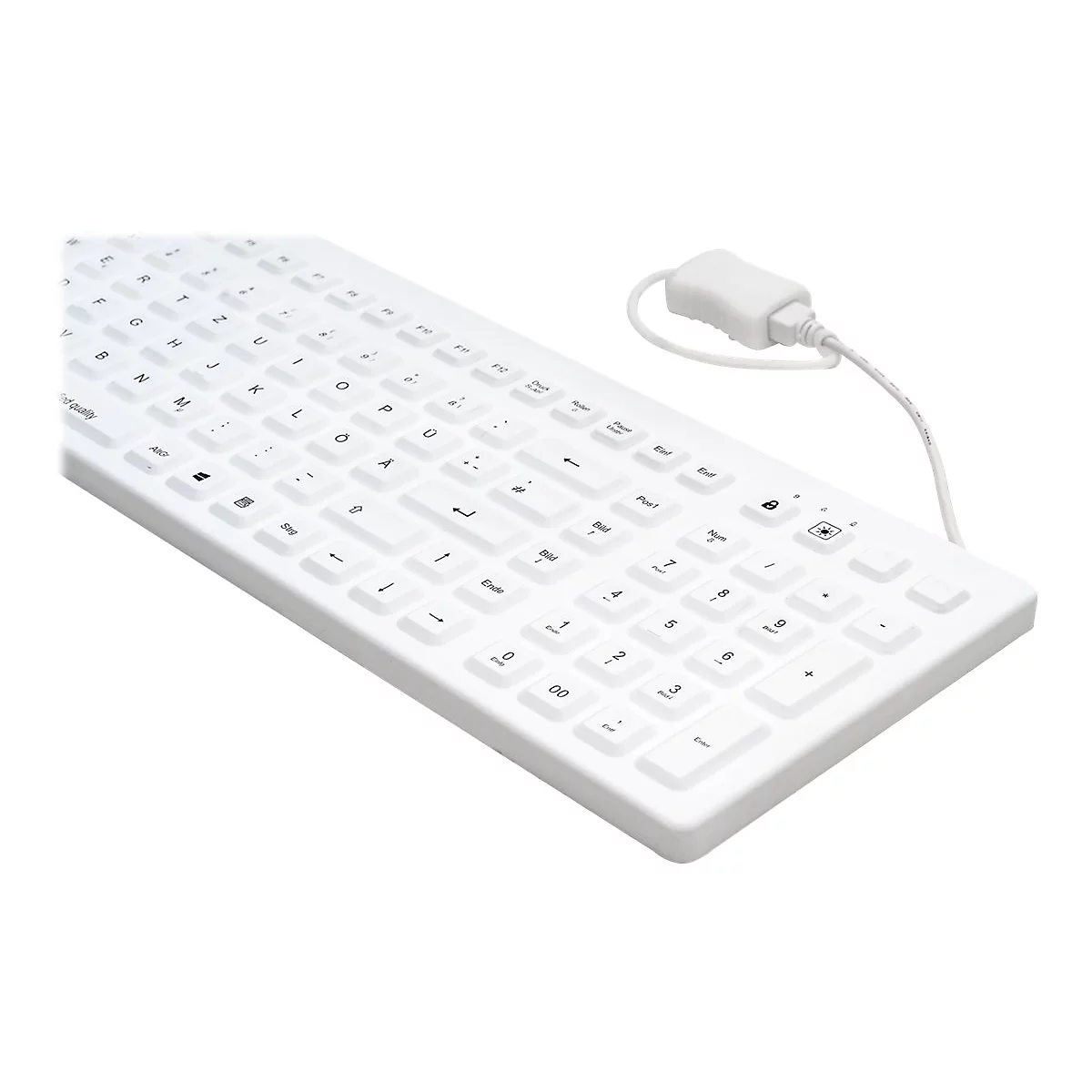 Weiße, kabelgebundene Tastatur mit deutschem Layout, seitlich fotografiert vor weißem Hintergrund.