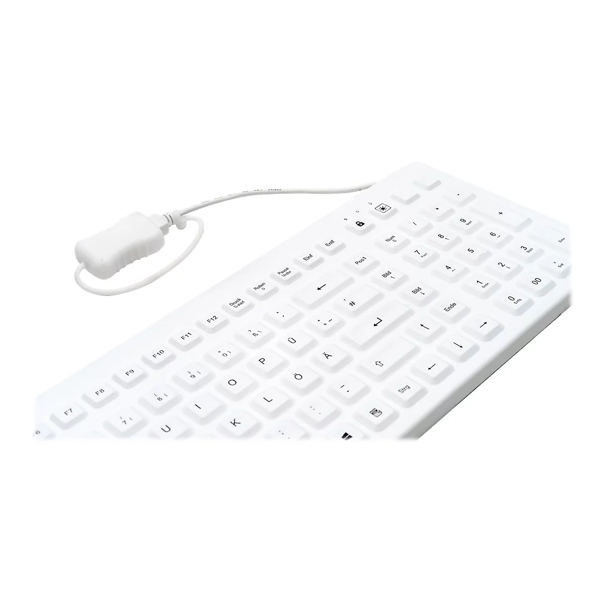 Weiße, kabelgebundene Tastatur in Nahaufnahme mit deutschem QWERTZ-Layout auf weißem Hintergrund.