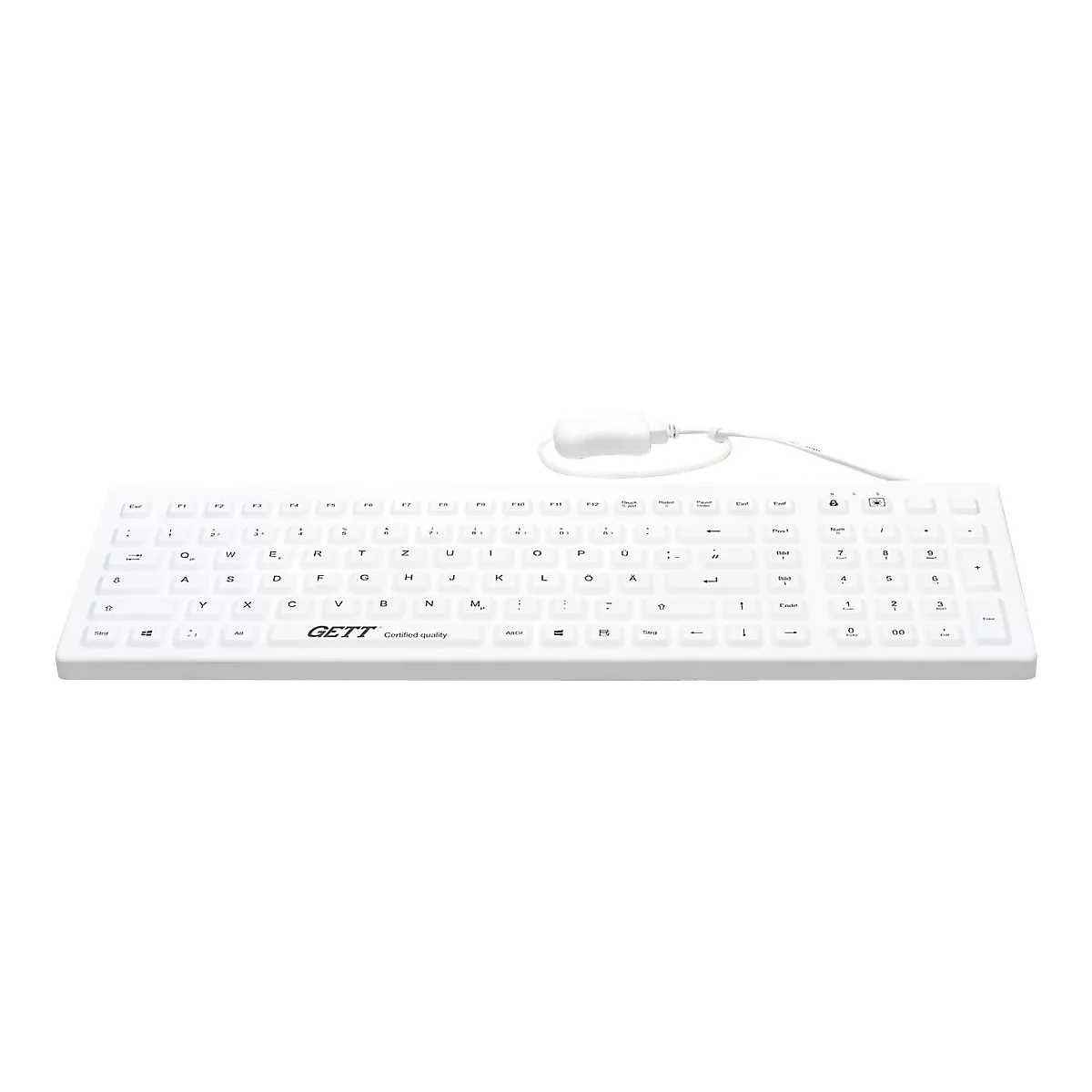 Weiße, abwaschbare Tastatur von Gett mit deutschem QWERTZ-Layout auf neutralem Hintergrund.