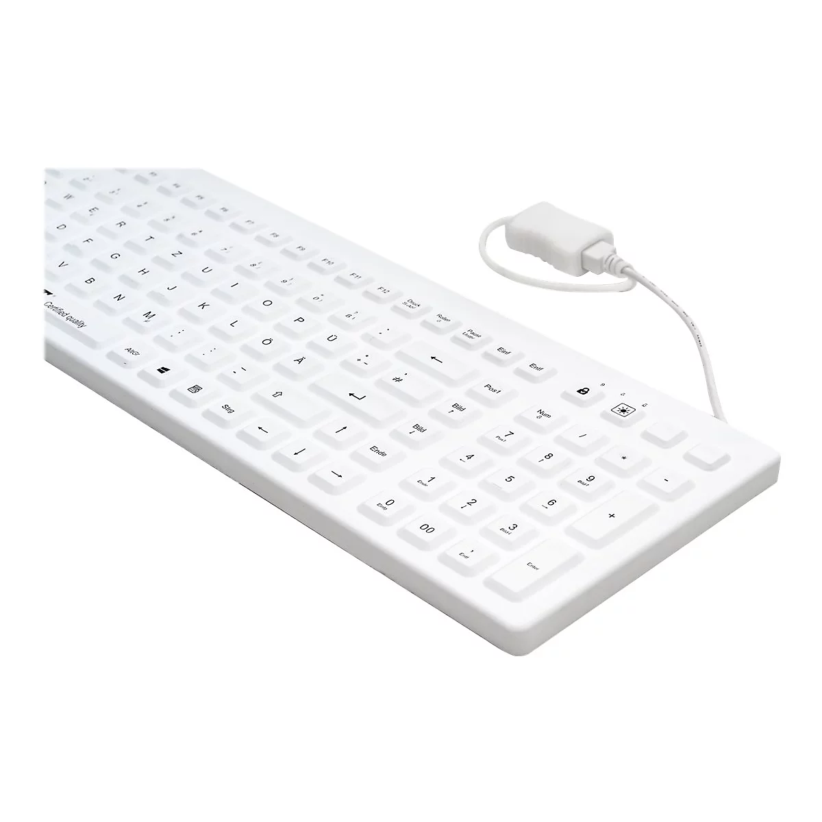 Weiße, kabelgebundene Tastatur im QWERTZ-Layout mit Ziffernblock auf weißem Hintergrund.
