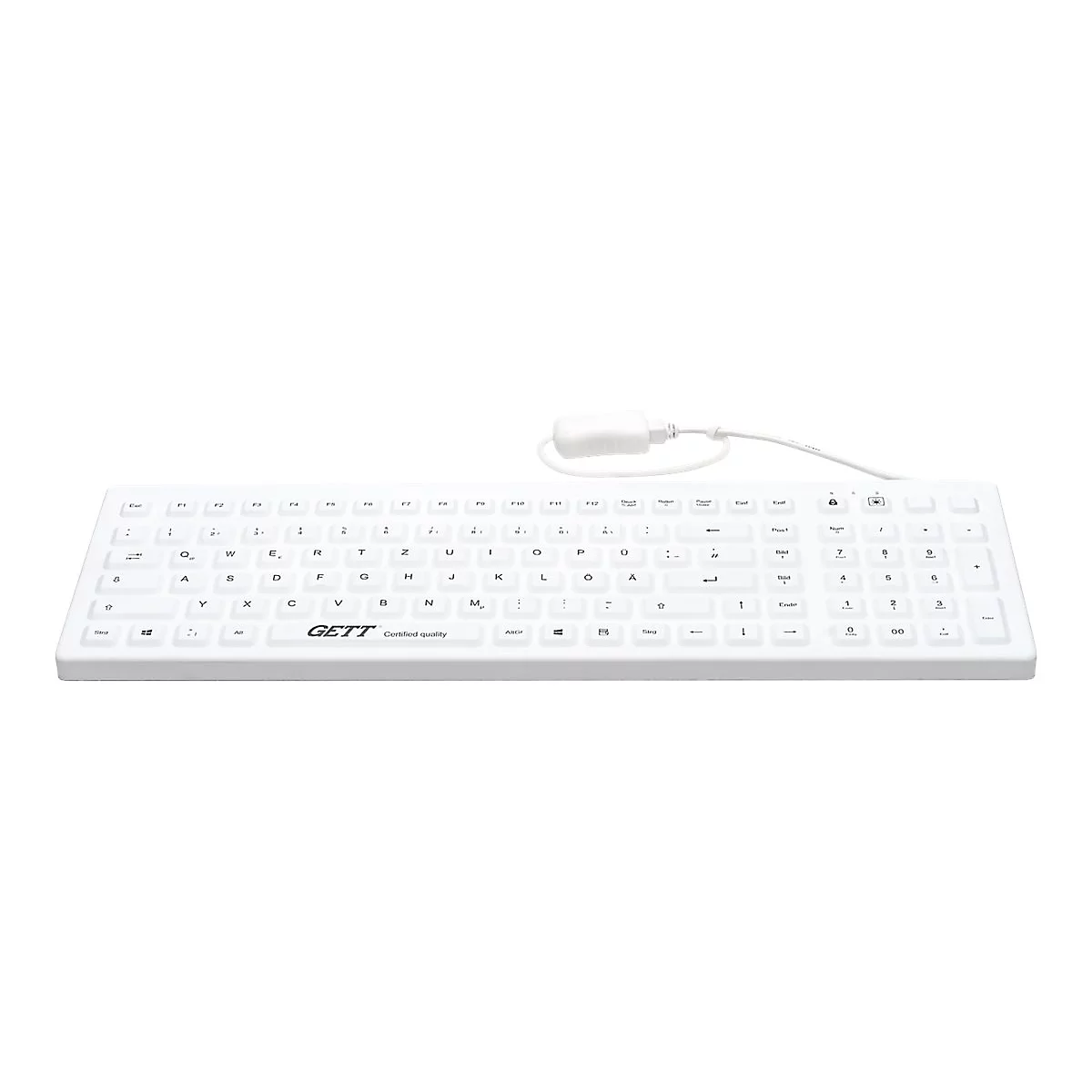 Weiße, hygienische Tastatur mit deutschem Layout und Kabelanschluss vor weißem Hintergrund.