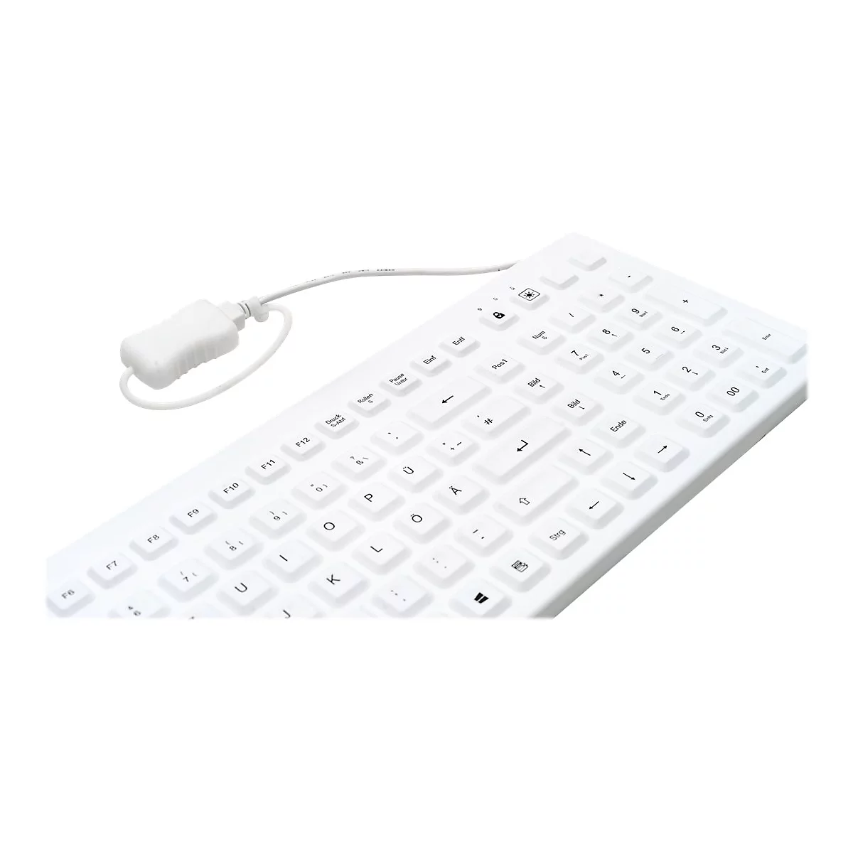 Weiße Computertastatur mit Kabelanschluss im Nahaufnahme-Winkel von oben.