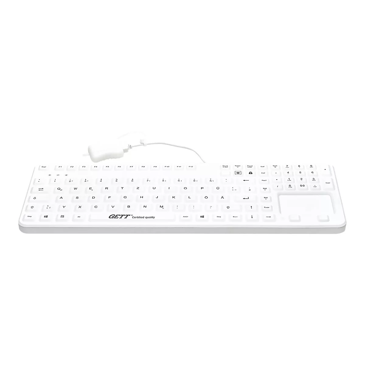 Weiße, flache Hygienetastatur mit integriertem Touchpad auf weißem Hintergrund.