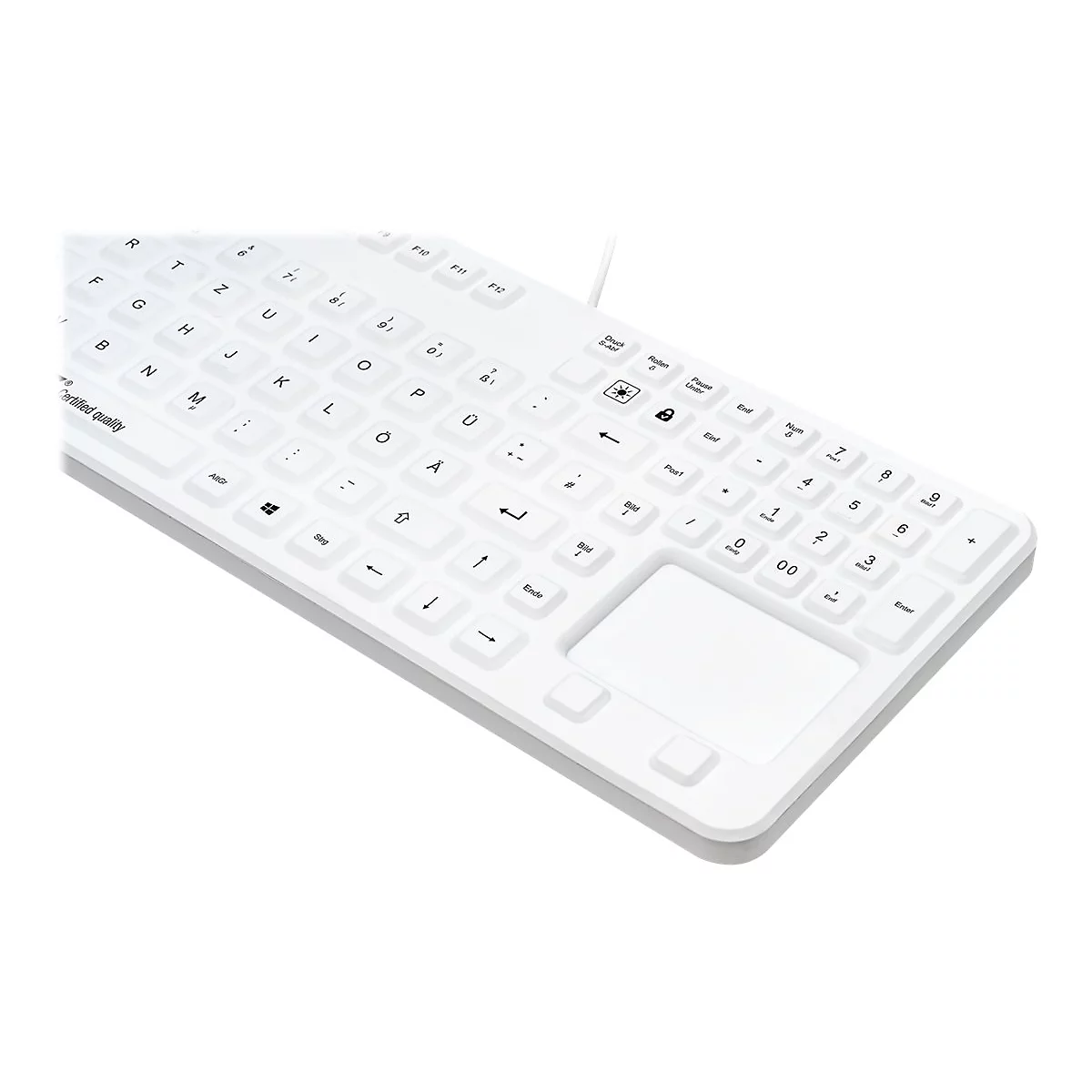 Weiße, hygienische Tastatur mit integriertem Touchpad in Nahaufnahme, auf weißem Hintergrund.