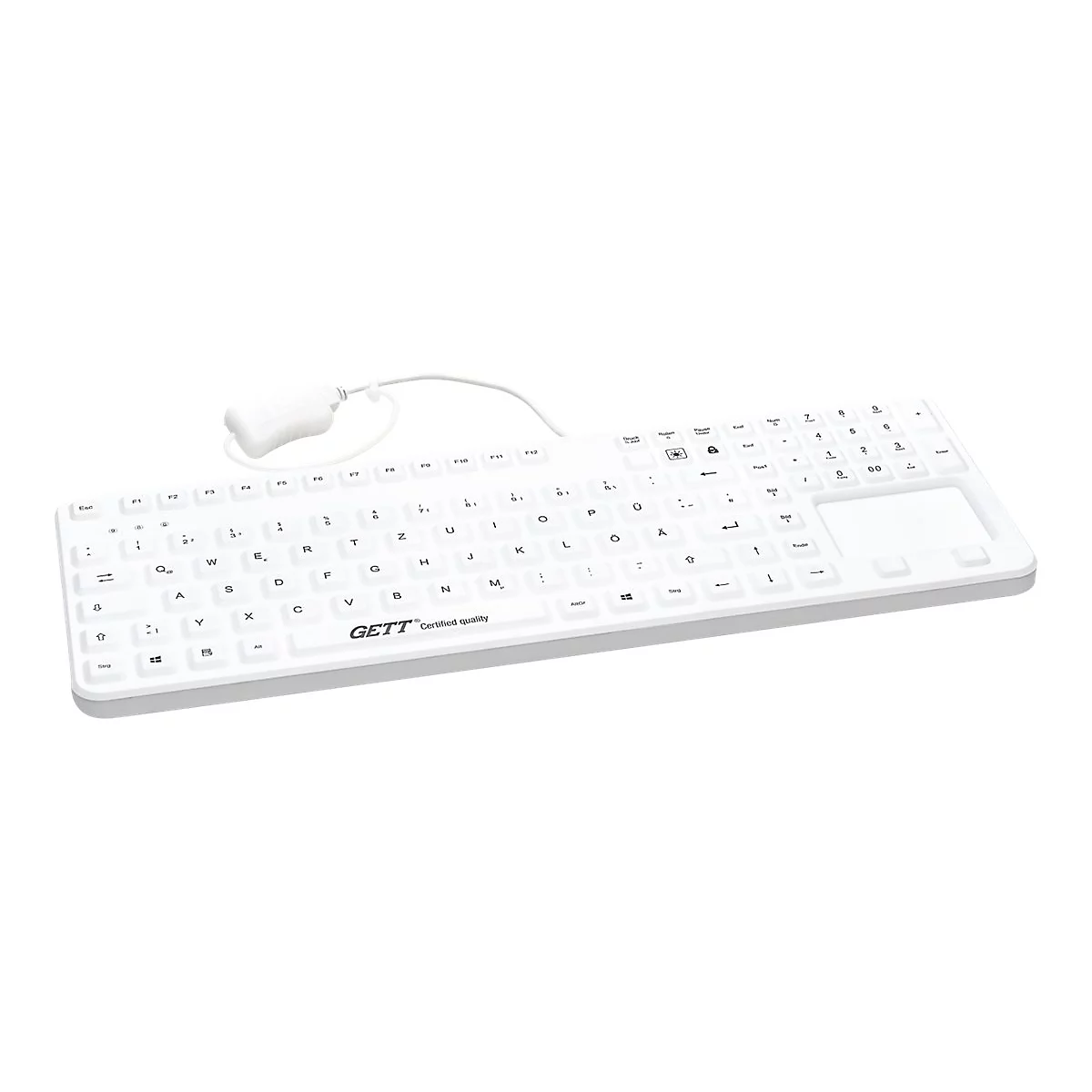 Weiße, hygienische Industrietastatur mit integriertem Touchpad auf weißem Hintergrund.