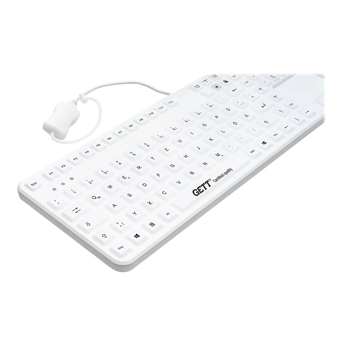 Weiße, kabelgebundene Tastatur mit flachen Tasten und GETT-Logo auf weißem Hintergrund.