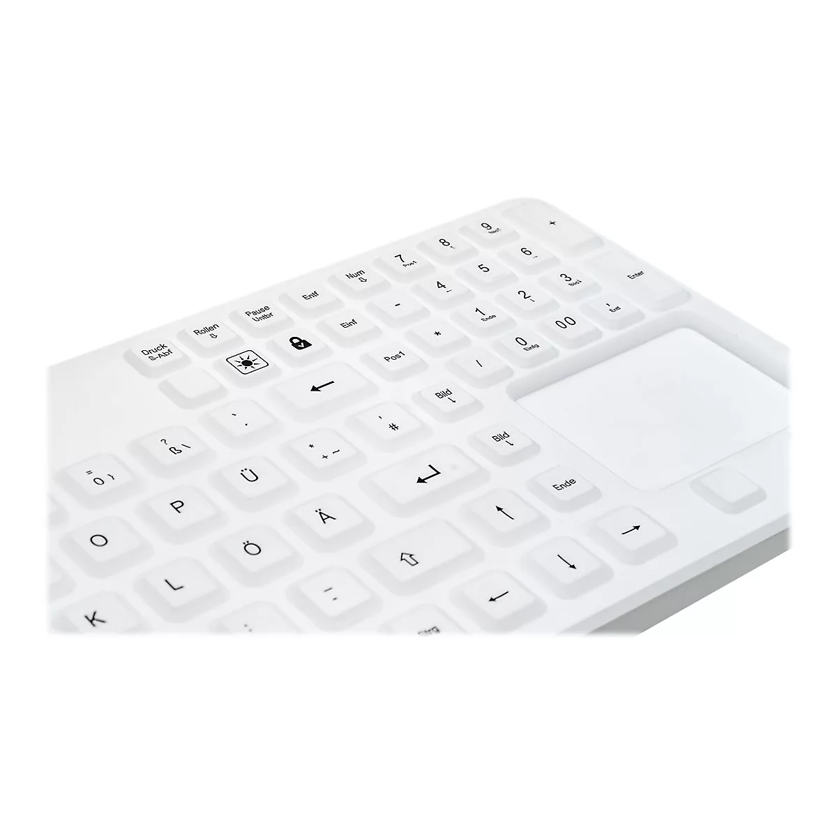 Nahaufnahme einer weißen Silikontastatur mit deutschem Layout und integriertem Touchpad.