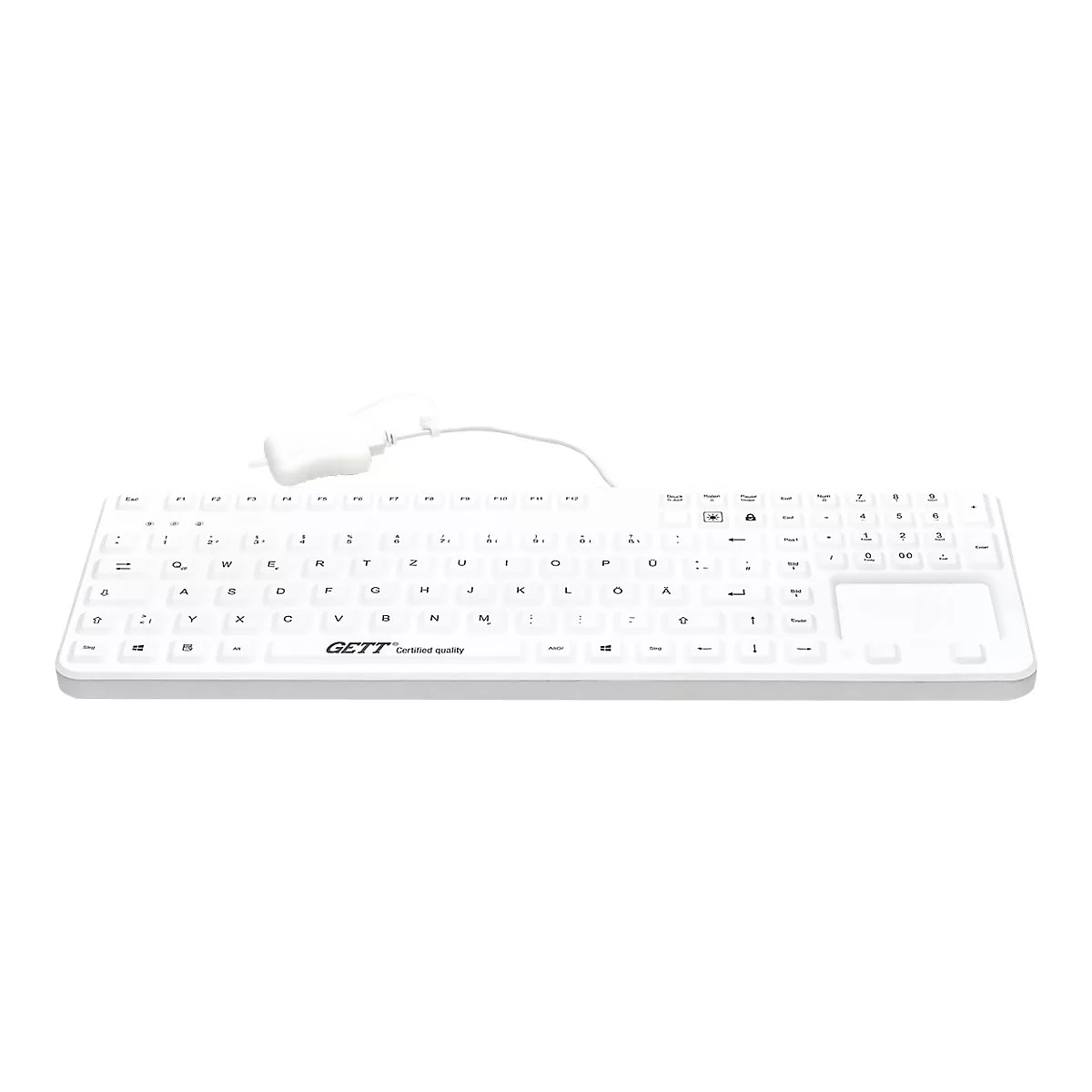 Weiße, hygienische Industrietastatur mit integriertem Touchpad und GETT Logo vor neutralem Hintergrund.