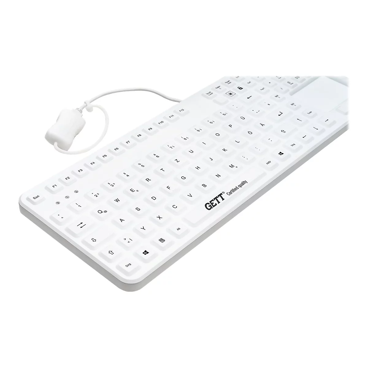 Weiße, kabelgebundene GETT Tastatur mit deutschem QWERTZ-Layout auf weißem Hintergrund.