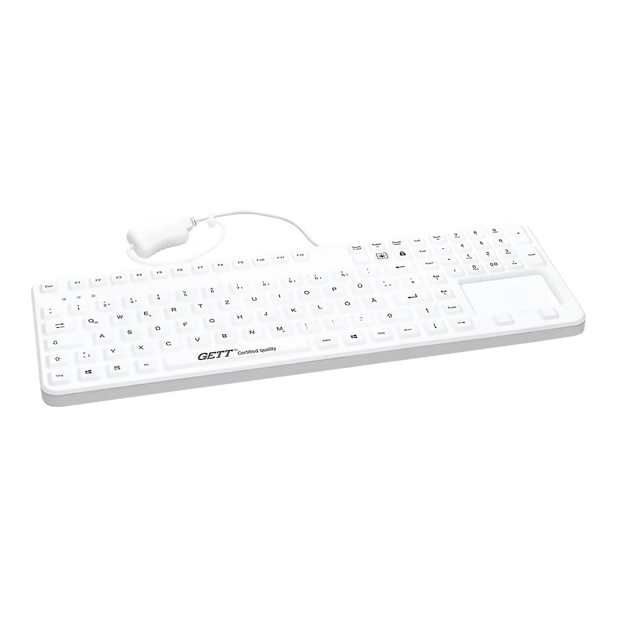 Weiße hygienische Tastatur mit integriertem Touchpad auf weißem Hintergrund.
