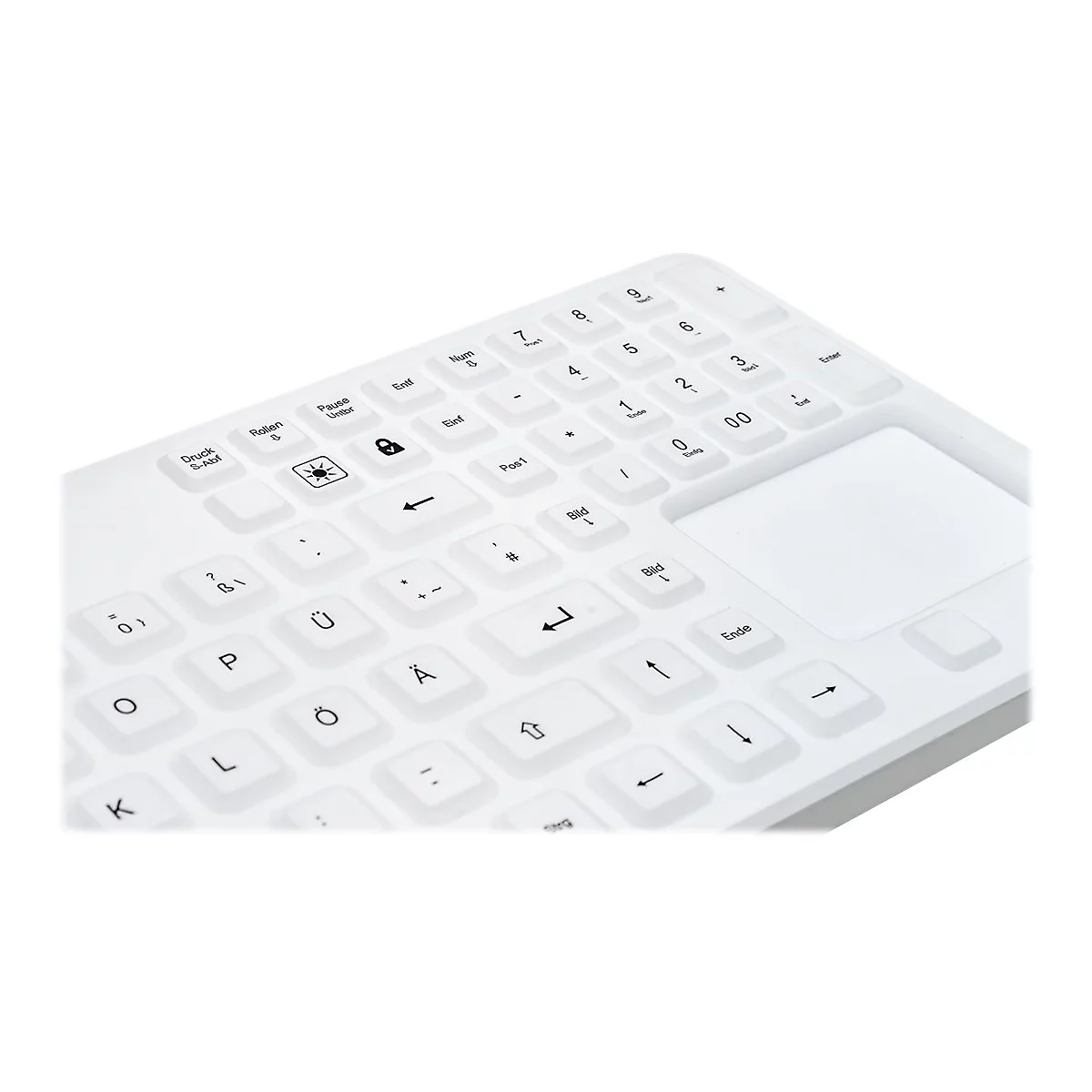 Nahaufnahme einer weißen Tastatur mit deutschem Layout und integriertem Touchpad auf der rechten Seite.