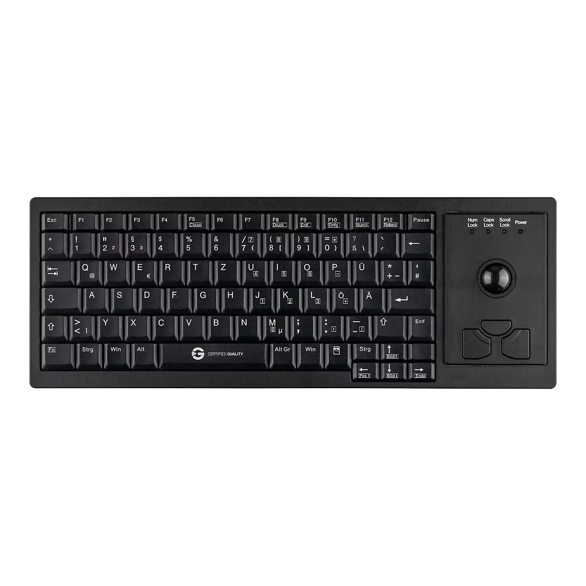 Schwarze Tastatur mit integriertem Trackball und Maus-Tasten auf der rechten Seite, deutsches QWERTZ-Layout.
