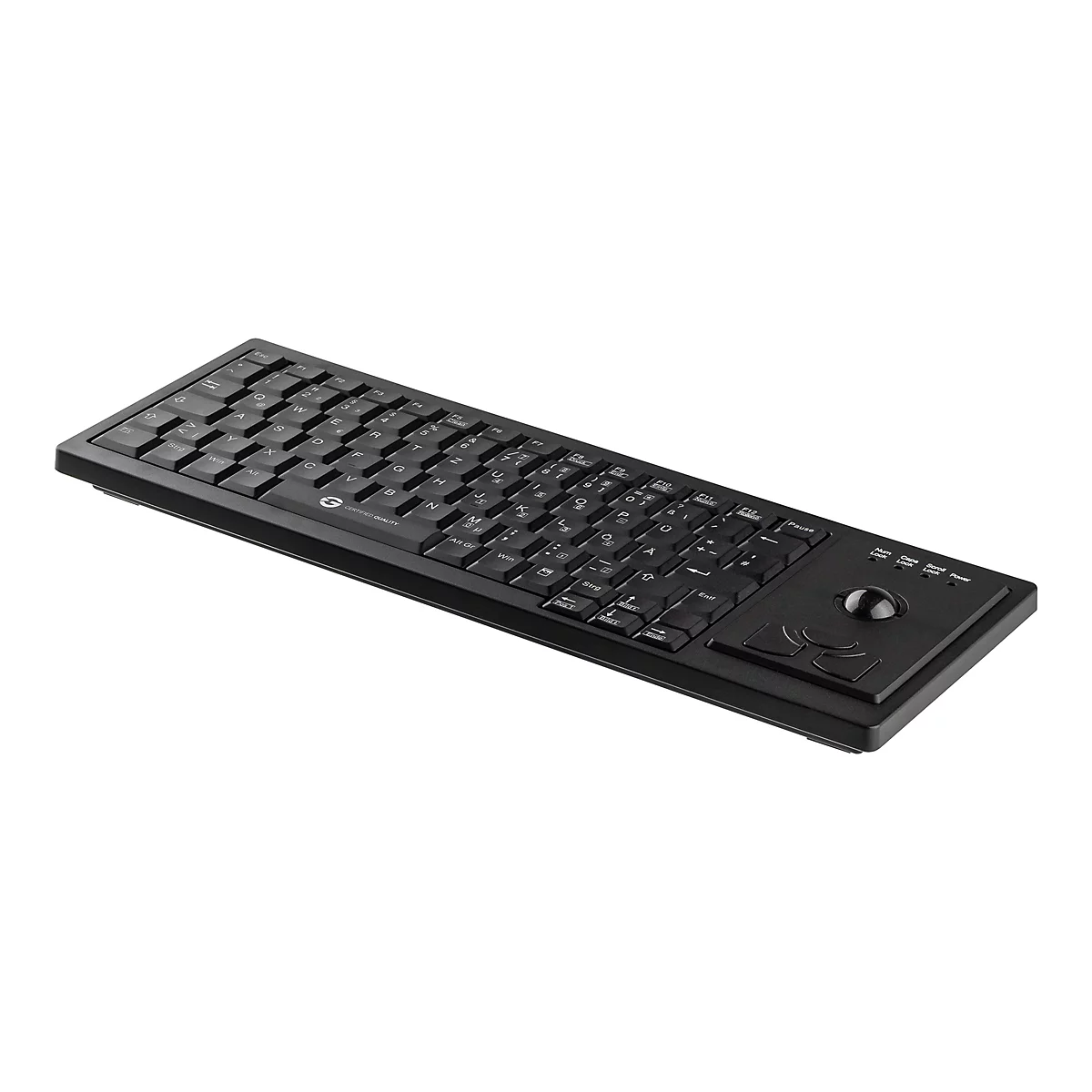 Schwarze, flache Industrie-Tastatur mit integriertem Trackball und Maus-Tasten auf der rechten Seite.