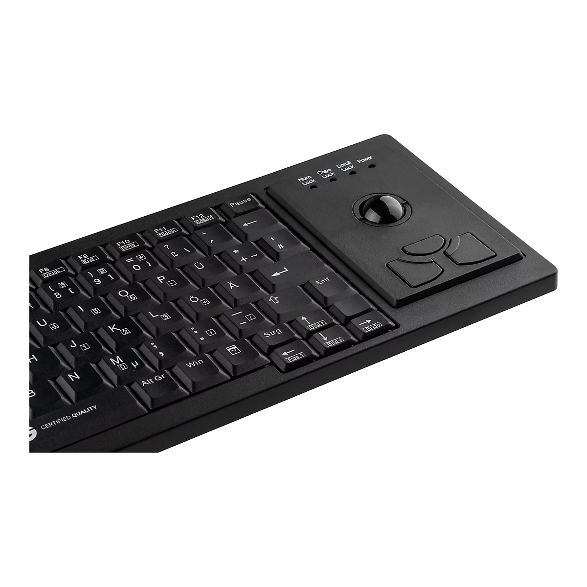 Schwarze Tastatur mit integriertem Trackball und Maustasten auf der rechten Seite vor weißem Hintergrund.