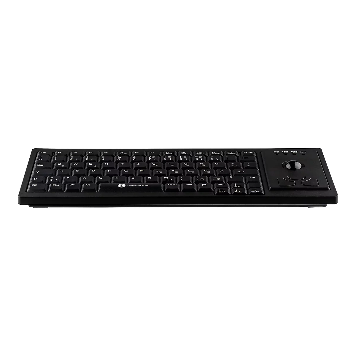 Schwarze Tastatur mit deutschem QWERTZ-Layout und integriertem Trackball auf der rechten Seite vor weißem Hintergrund.