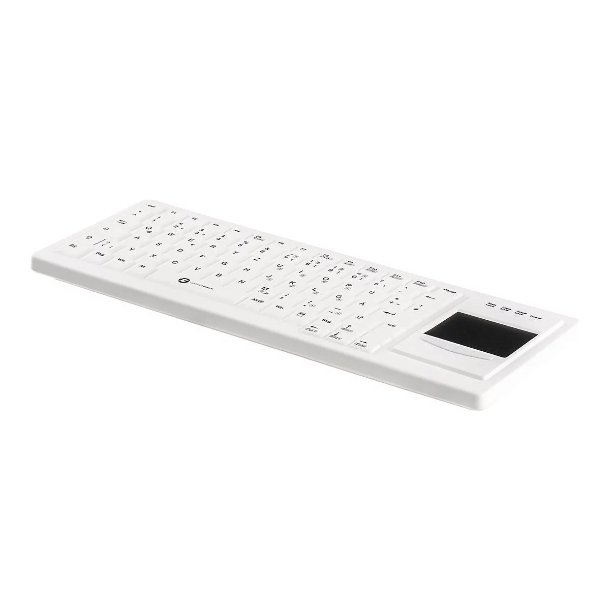 Weiße, flache Kompakt-Tastatur mit integriertem Touchpad auf der rechten Seite vor weißem Hintergrund.