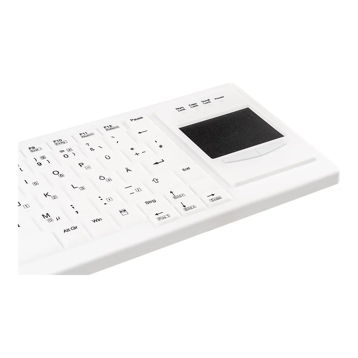 Nahaufnahme einer weißen Tastatur mit integriertem Touchpad und deutschen Tastenbeschriftungen.