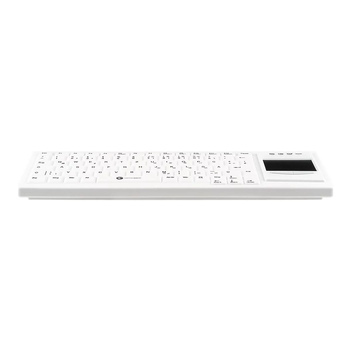 Weiße, flache Tastatur mit integriertem Touchpad auf der rechten Seite, in flacher Frontalansicht.
