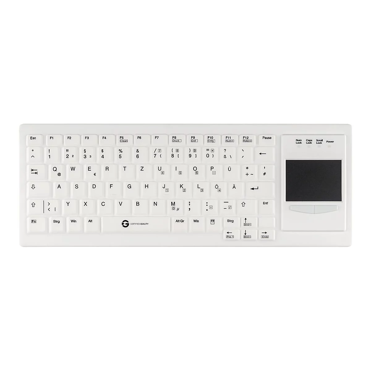 Weiße, flache Tastatur mit deutschem Layout und integriertem Touchpad auf der rechten Seite.