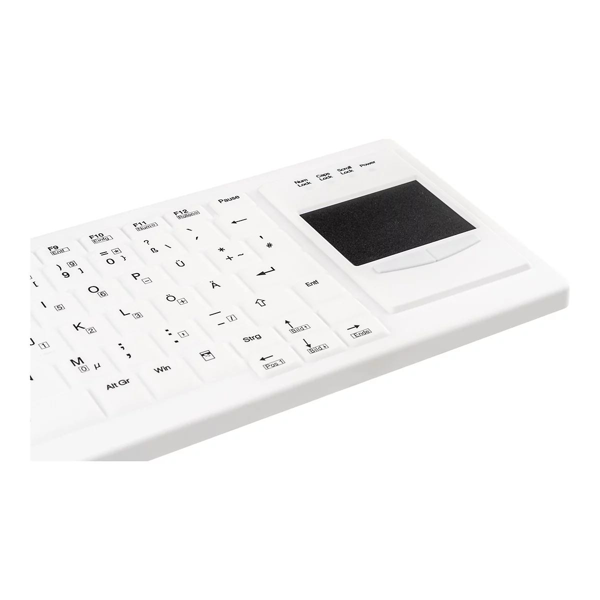 Weiße, flache Industrie-Tastatur mit integriertem schwarzem Touchpad im rechten Bereich.