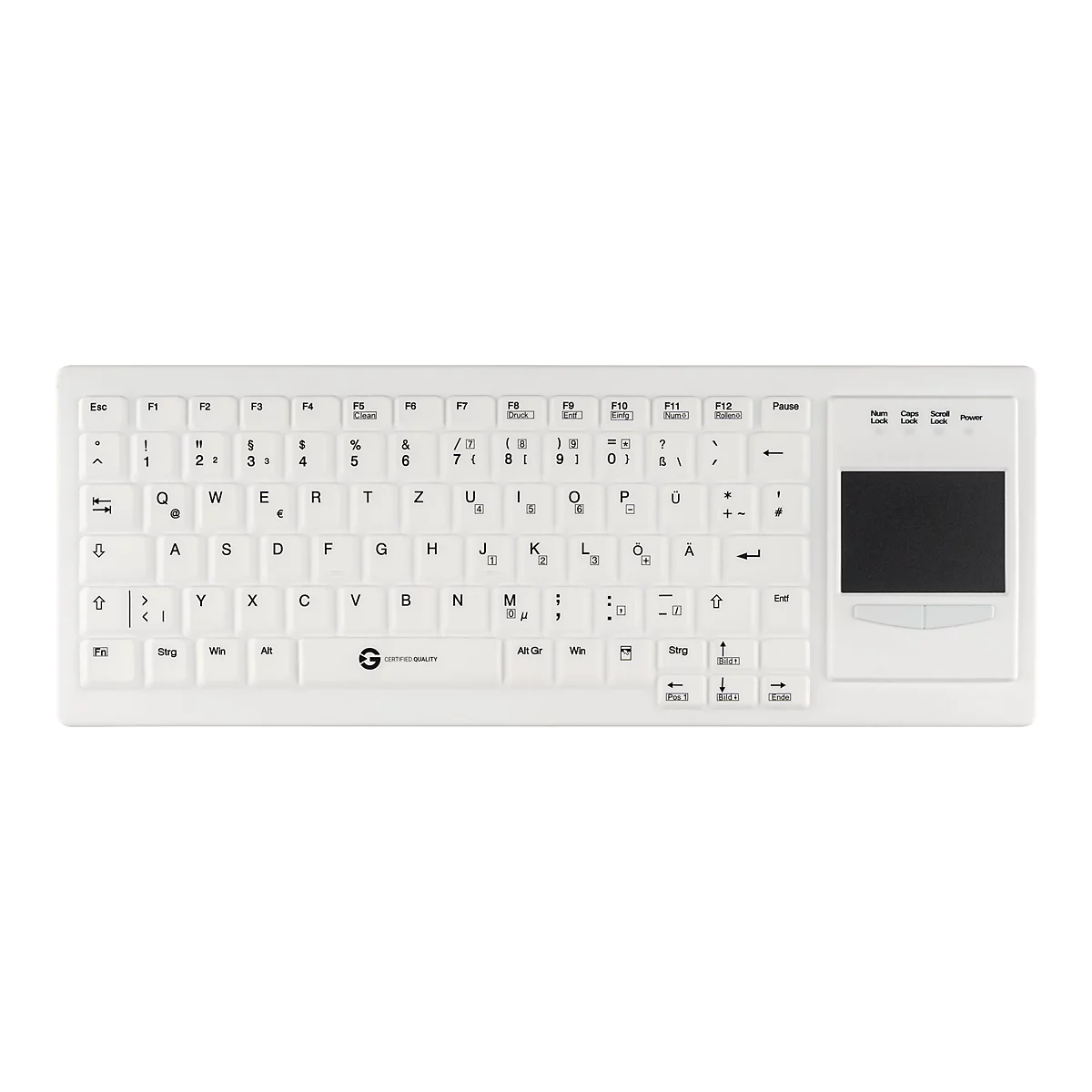 Weiße, flache Tastatur mit deutschem QWERTZ-Layout und integriertem Touchpad auf der rechten Seite.