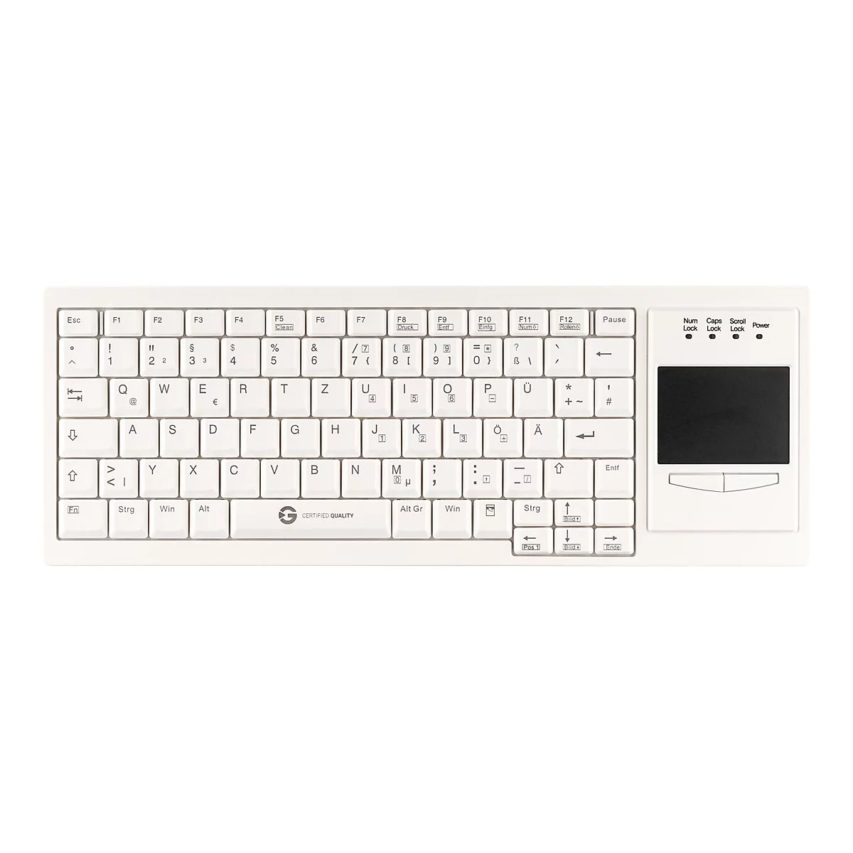 Weiße, flache Kompakttastatur mit deutschem Layout und integriertem Touchpad auf der rechten Seite.