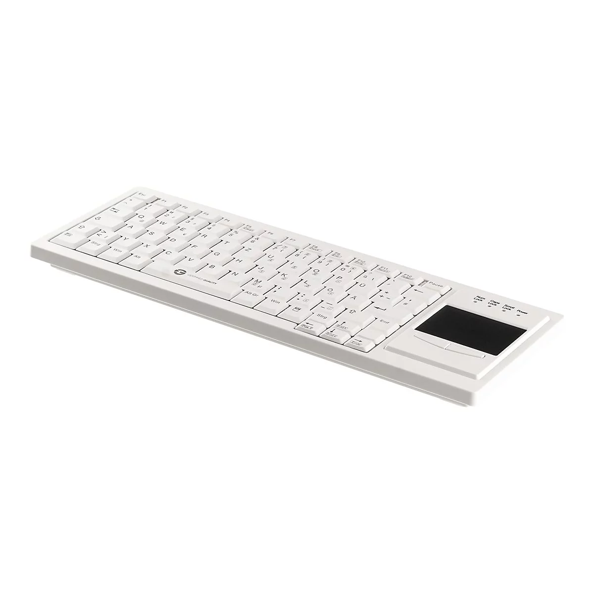 Weiße, flache Tastatur mit integriertem Touchpad auf der rechten Seite, isoliert vor weißem Hintergrund.