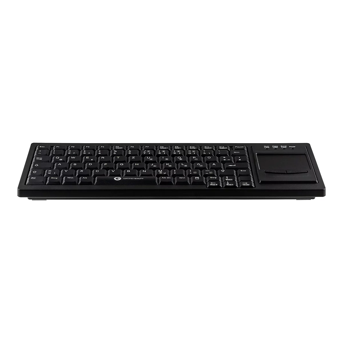 Schwarze Tastatur mit deutschem Layout und integriertem Touchpad rechts vor weißem Hintergrund.