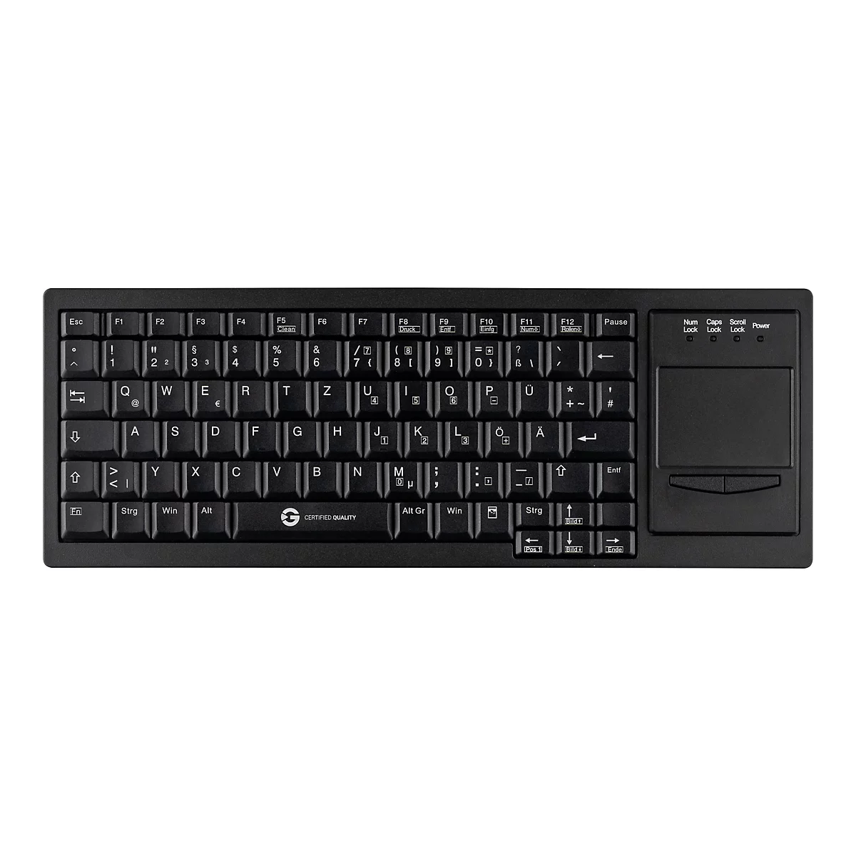 Schwarze Industrietastatur mit deutschem Layout und integriertem Touchpad auf weißem Hintergrund.