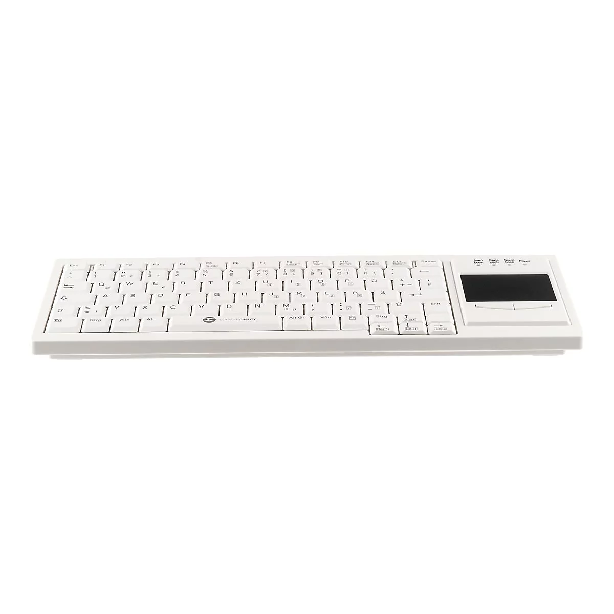 Weiße, flache Tastatur mit integriertem schwarzem Touchpad auf der rechten Seite vor weißem Hintergrund.