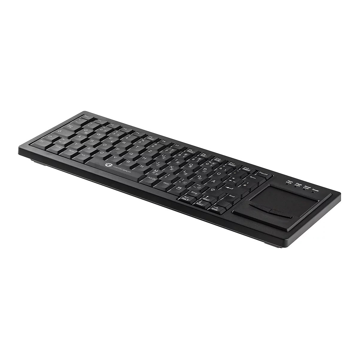 Schwarze, flache Tastatur mit integriertem Touchpad auf der rechten Seite, isoliert auf weißem Hintergrund.