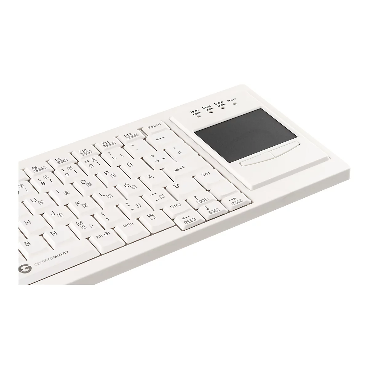 Weiße Tastatur mit integriertem Touchpad rechts, in der Draufsicht schräg von rechts fotografiert.