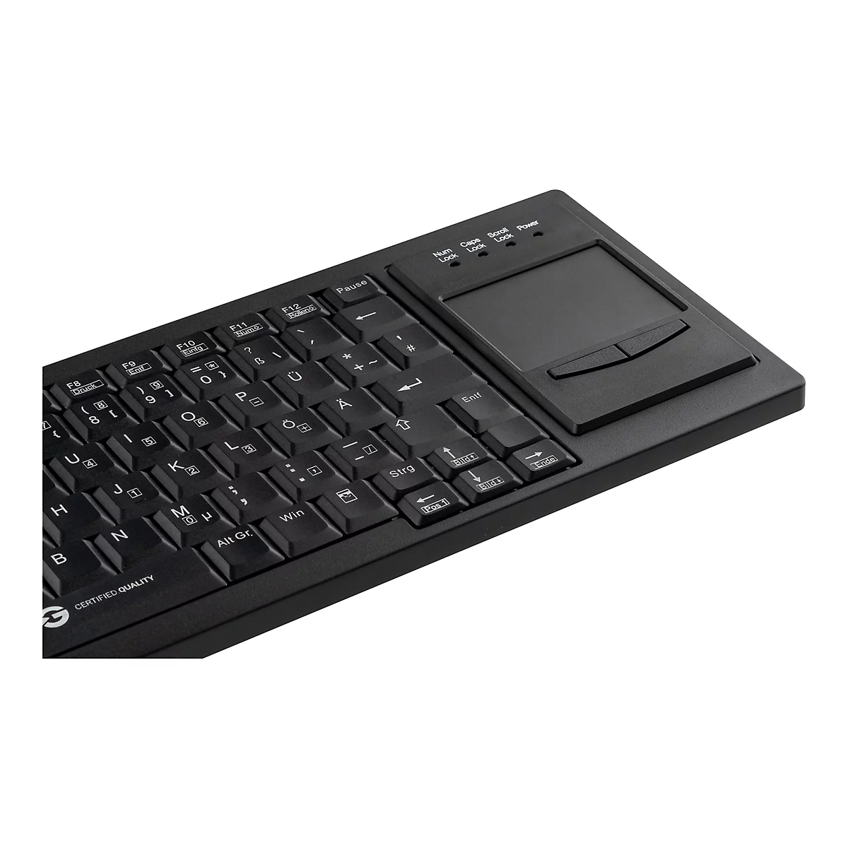 Schwarze Tastatur mit integriertem Touchpad und deutschen Tastenbeschriftungen auf weißem Hintergrund.