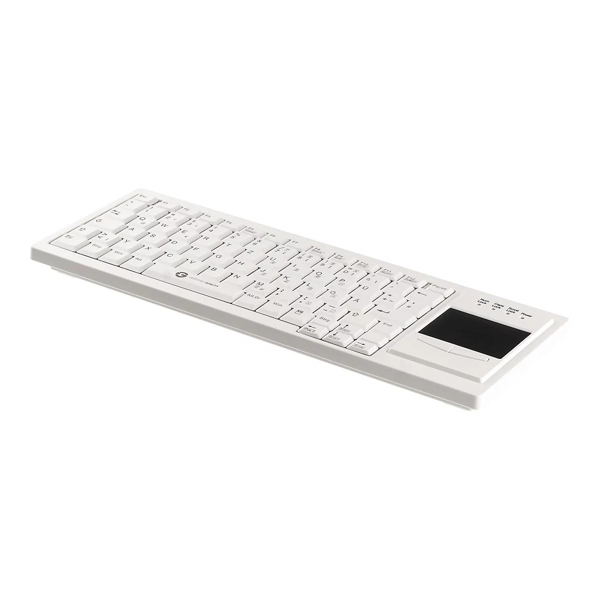 Weiße, flache Tastatur mit integriertem Touchpad auf der rechten Seite vor weißem Hintergrund.
