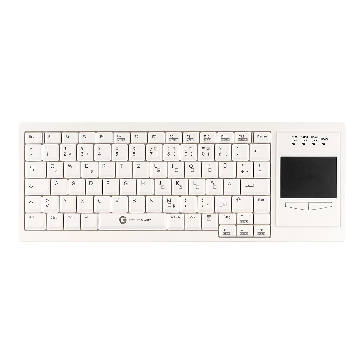 Weiße Tastatur mit deutschem Layout und integriertem Touchpad auf der rechten Seite vor weißem Hintergrund.