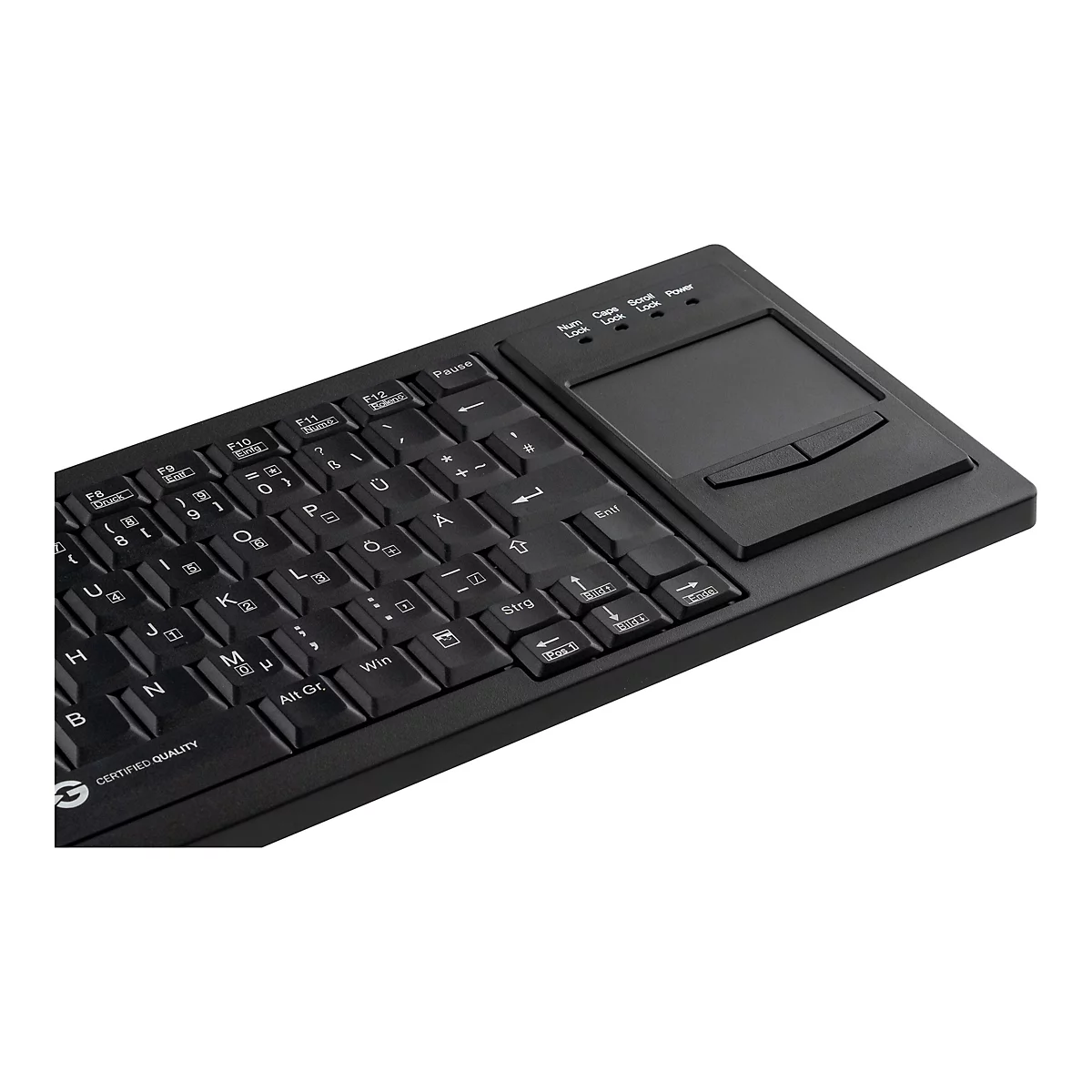 Schwarze Computertastatur mit integriertem Touchpad auf der rechten Seite, deutsche Tastenbelegung.