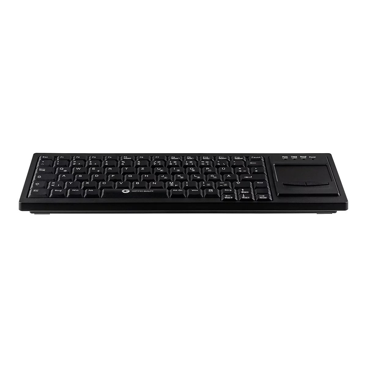 Schwarze Tastatur mit integriertem Touchpad auf weißem Hintergrund.