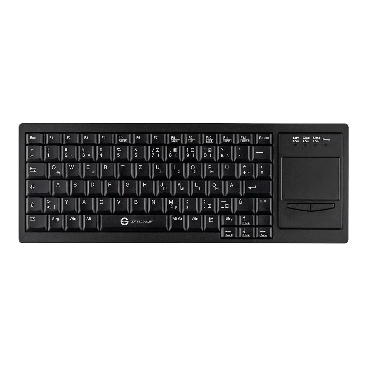 Schwarze kompakte Computertastatur mit deutschem QWERTZ-Layout und integriertem Touchpad auf der rechten Seite.