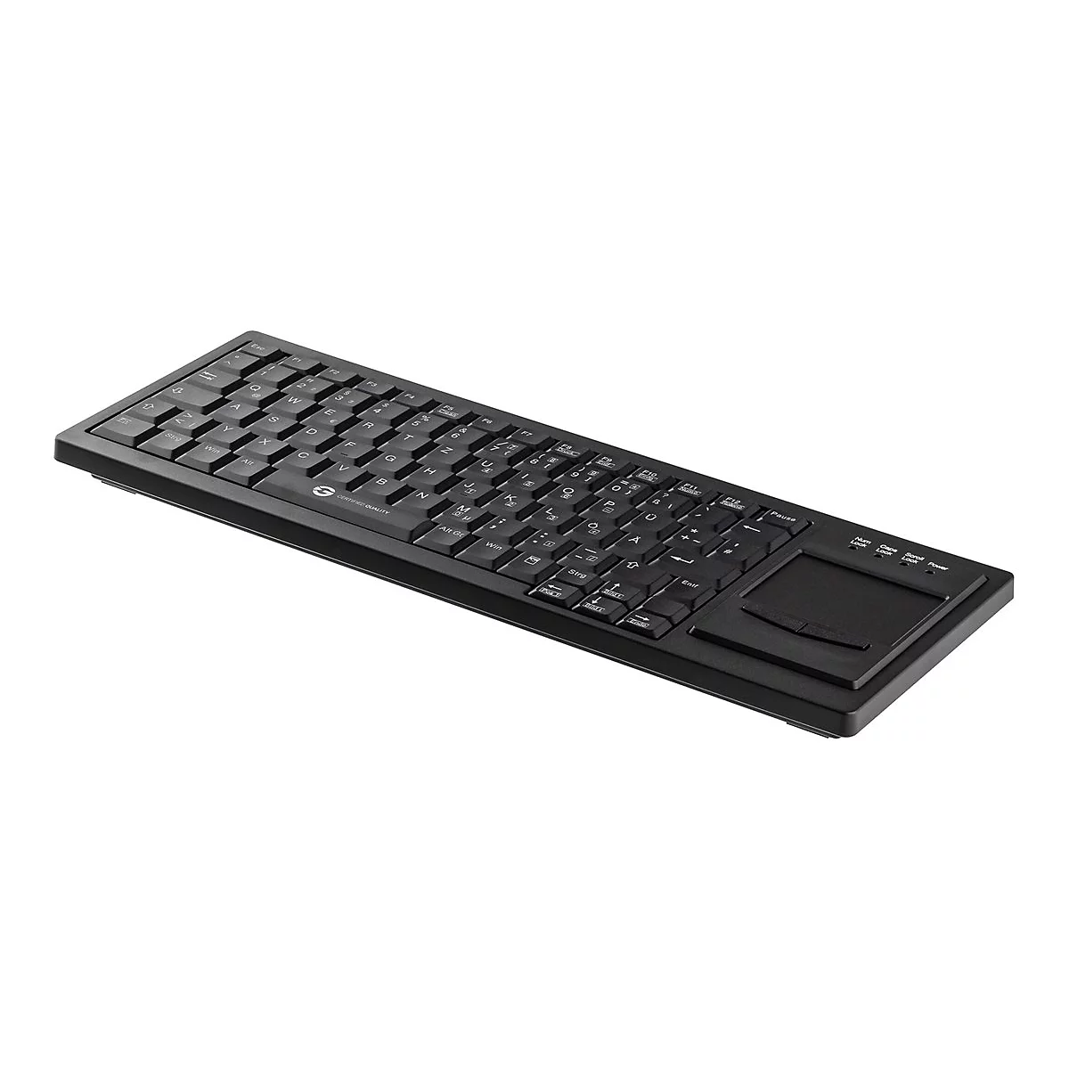 Schwarze Tastatur mit integriertem Touchpad vor weißem Hintergrund.