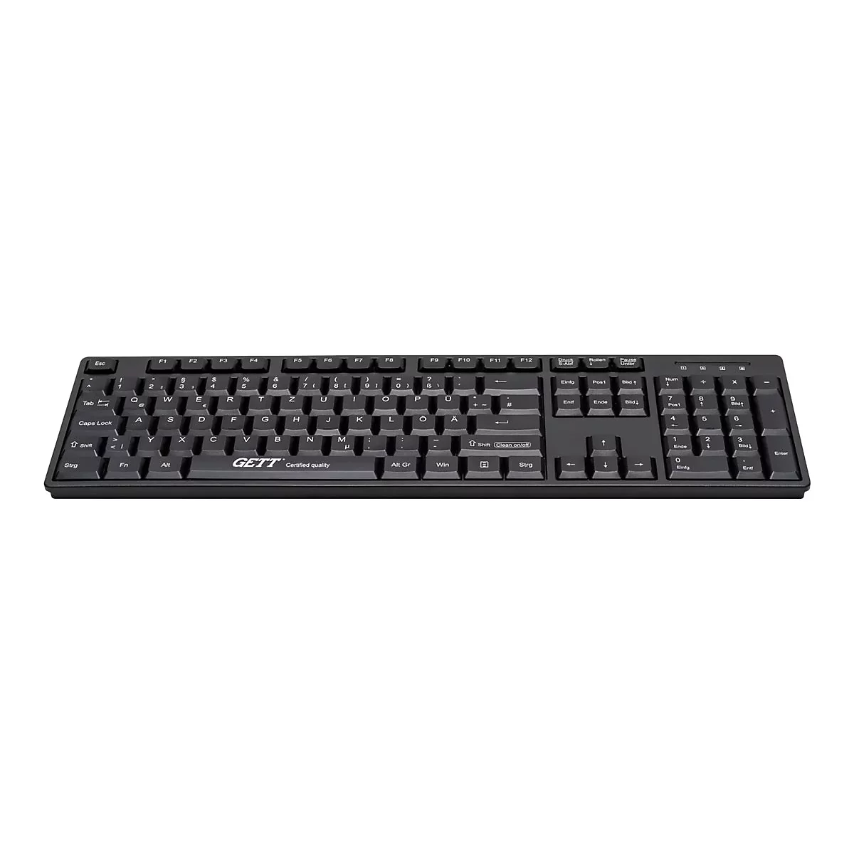 Schwarze Tastatur mit deutschem QWERTZ-Layout und GETT-Logo auf weißem Hintergrund.
