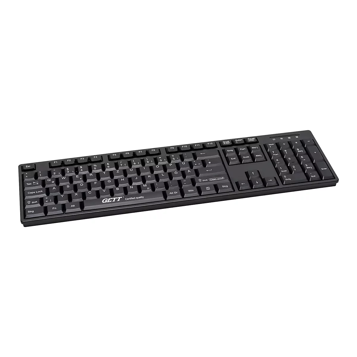 Schwarze, wasserdichte GETT Tastatur mit deutschem QWERTZ-Layout vor weißem Hintergrund.